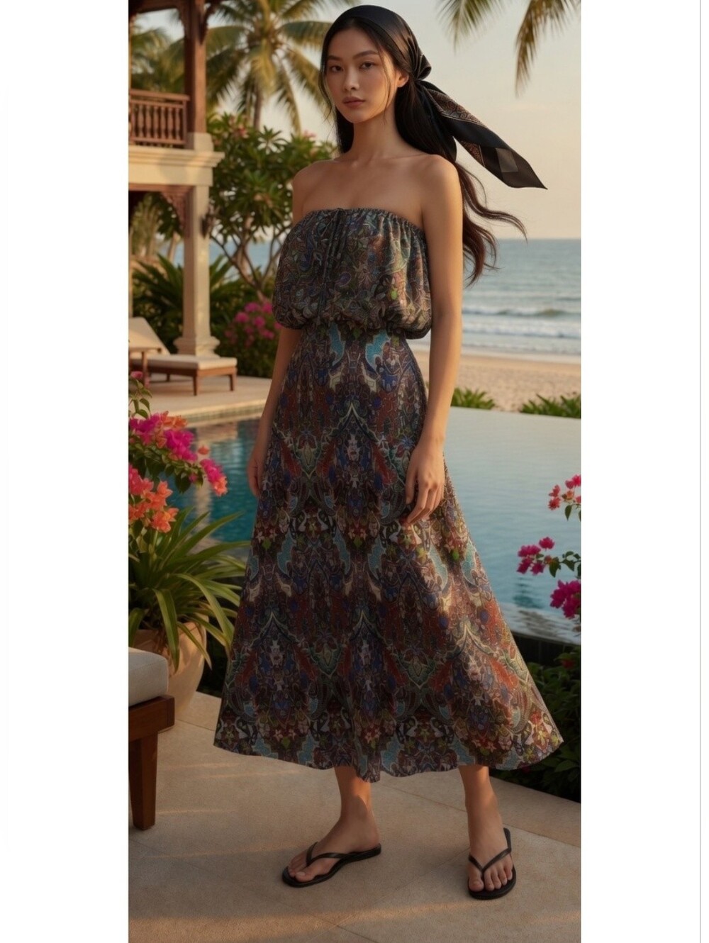 VTG Veronicam S Mosaic Medallion Print Strapless Flowy Midi Dress Y2K Whimsical
